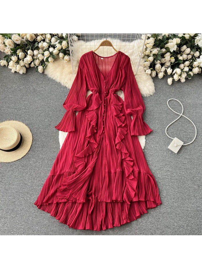 Fashionable and Sexy Solid V-Neck Ruffled Flare Sleeves to hem Dress  Fashionable and Sexy Solid V-Neck Ruffled Flare Sleeves to hem Dress