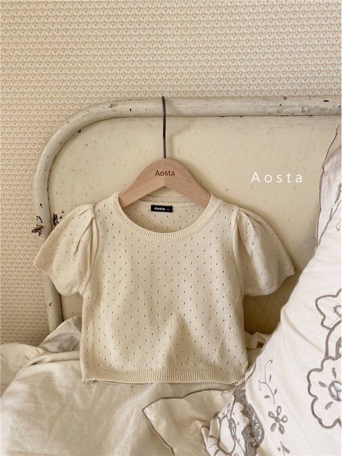Children's summer new style children's bubble sleeve knitted T-shirt top girls round neck pullover 
