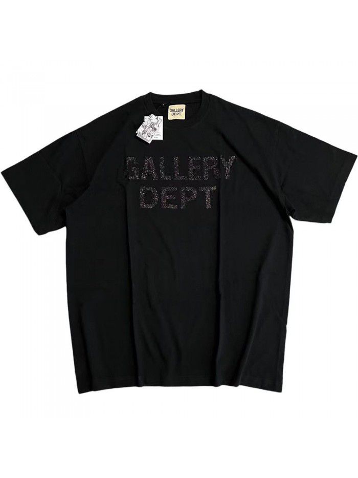 Black glitter pink letter printed loose fitting men's T-shirt short sleeved