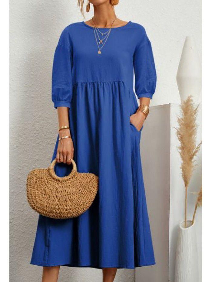 New Women's Solid Color Fashion Lantern Sleeves Loose Cotton Linen Pocket Dress 