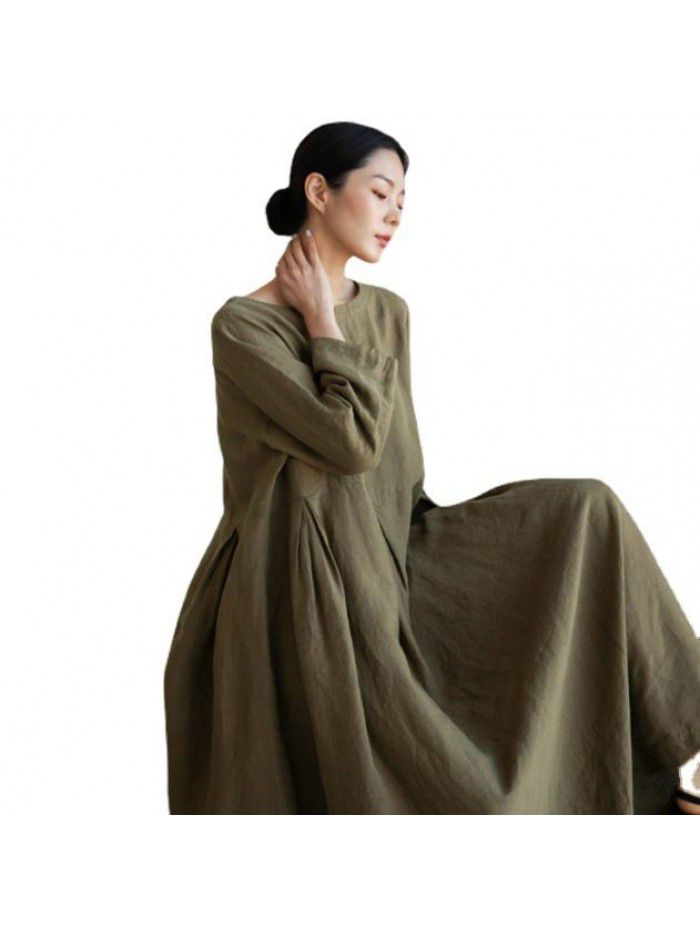Loose Size Dress Women's Cotton Leprosy Round Neck Pullover Solid Color Over Knee Long Dress Large Swing Skirt