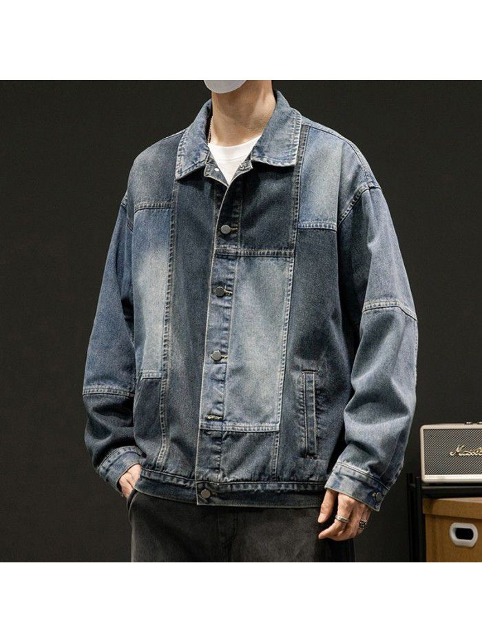 Large size patchwork denim jacket for men in spring and autumn, European and American retro loose top, casual Japanese work jacket