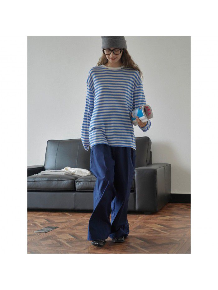 Autumn New Korean Version Lazy Soft Waxy Wool Striped T-shirt Loose, Slim, Comfortable Long Sleeve Casual Top 