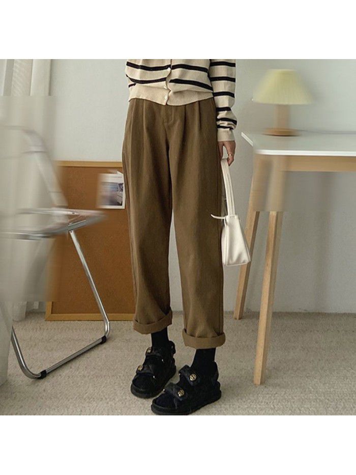 Loose fitting workwear women's casual pants Spring new half elastic waist slimming solid color versatile straight leg pants 