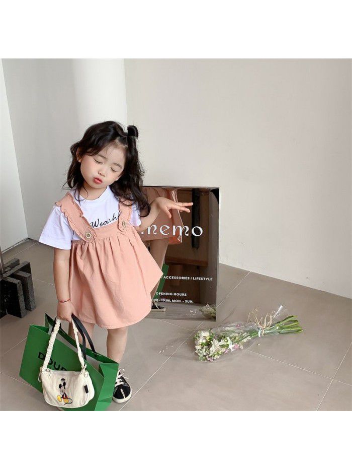 Girls' Strap Dress Set Summer New Korean Women's Treasure Letter T-shirt Short Sleeve Strap Dress Pink 
