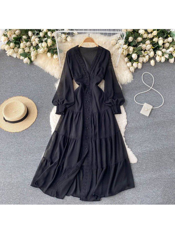 French style retro court lace V-neck high-grade dress with thin waist and single breasted large skirt 