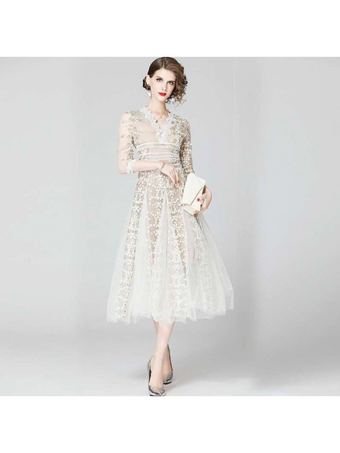 Early Autumn Women's Elegant and Elegant Style, Celebrity Shows Slim V-neck, 9/4 Sleeve Large Swing Long Dress Dress Dress 
