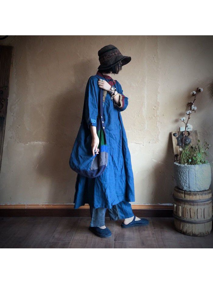 Vintage patch washed pure linen loose fitting dress gown 