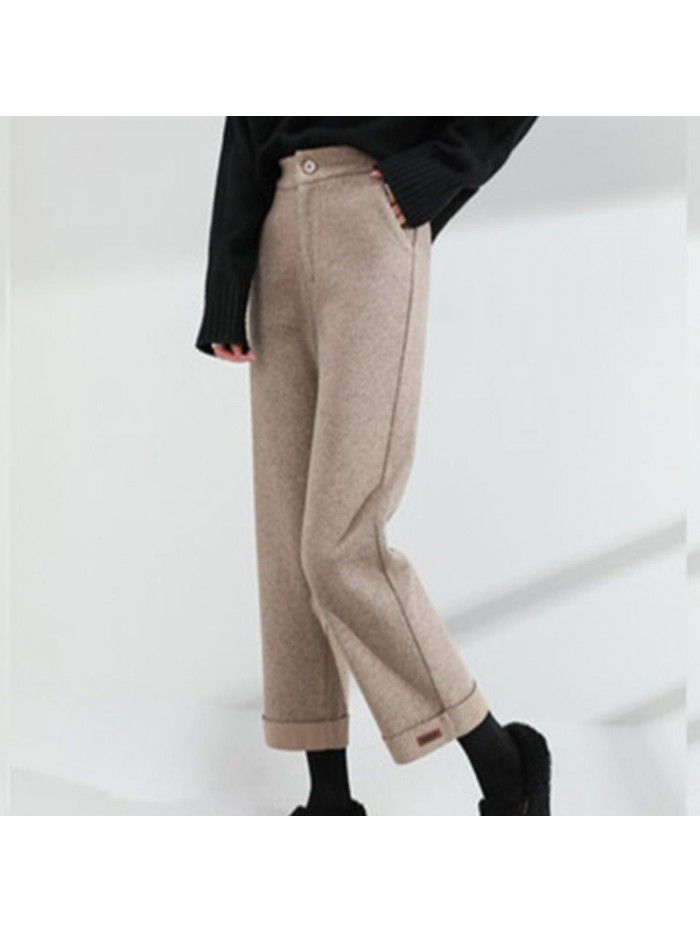 Woolen pants Children's autumn and winter wide legs, high waist, slimming casual cropped loose black thickened straight pants 