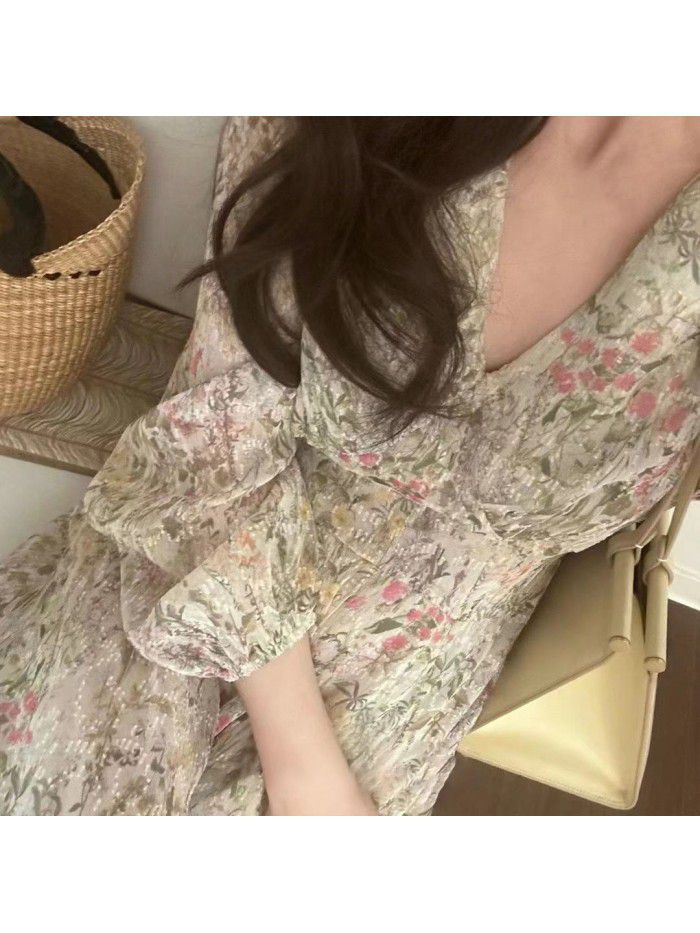 Autumn New Style Gentle and Solid Fairy Fragmented V-neck Chiffon Dress Long Dress  Autumn New Style Gentle and Solid Fairy Fragmented V-neck Chiffon Dress Long Dress