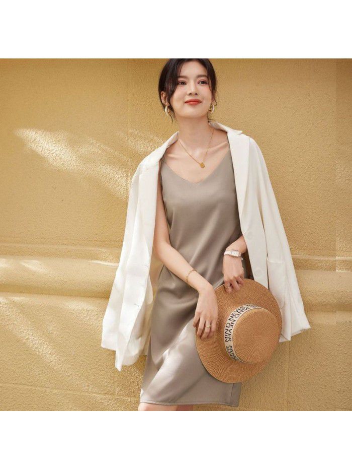 Dress Satin Mid length Dress Summer New Slim Sexy Women's Strap Dress  Dress Satin Mid length Dress Summer New Slim Sexy Women's Strap Dress