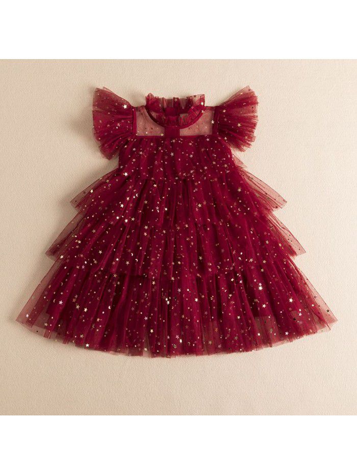New Children's Dress Girls' Dress Fairy Dress Star Sequin Cake Mesh Children's Puff Dress Princess Dress 