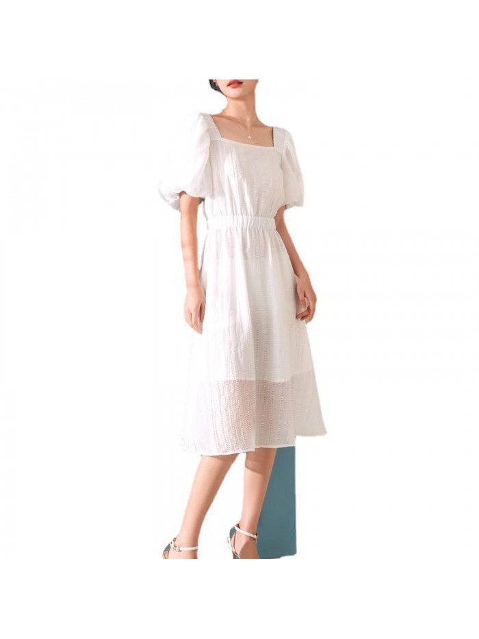 French Short Sleeve Dress Summer New Square Neck Lantern Sleeves Elegant High Waist A-line Dress 