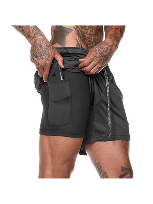 Men's double layer shorts, solid mesh sports and f...