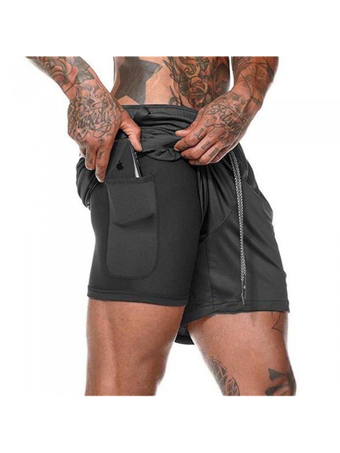 Men's double layer shorts, solid mesh sports and fitness training pants, five point casual pants, men's pants 