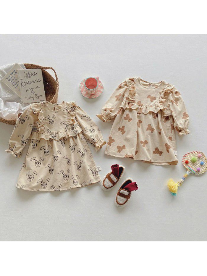 Children's Bear Printed Long sleeved Girls' Dress Autumn Sweet Ruffled Round Neck Children's Dress Trend 