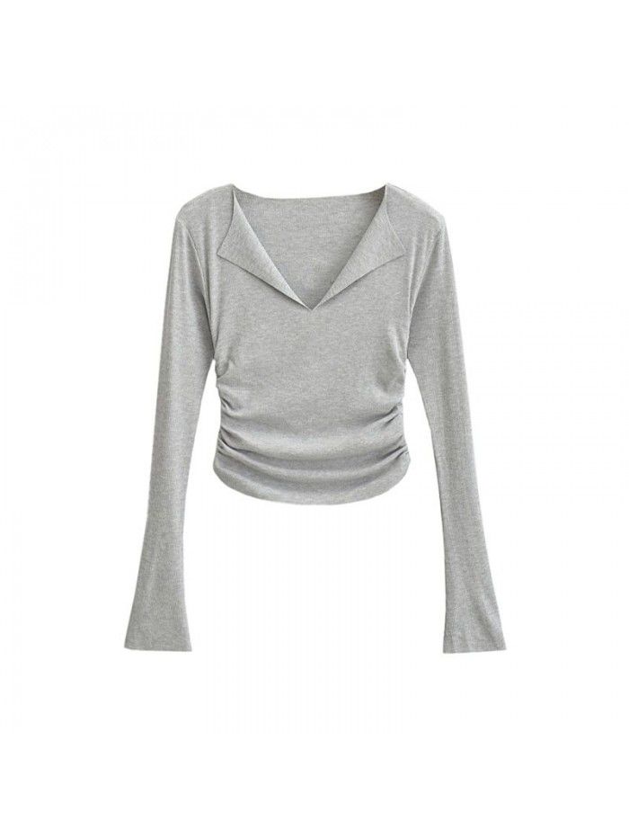 Pure desire V-neck flanging flared sleeve T-shirt for female minority Spicy girls pleated slim high waist short solid color bottom top 