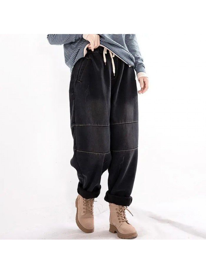 Large loose plush jeans women's new winter elastic waist patchwork Haren pants vintage daddy pants 