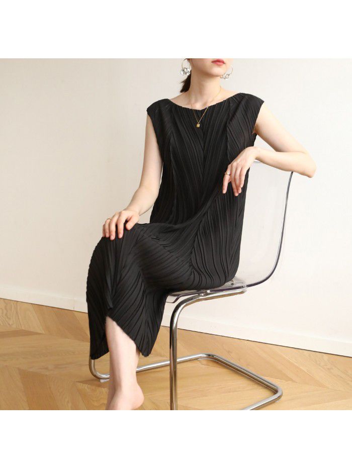 High end pleated minimalist fashion casual mid length herringbone pleated dress 