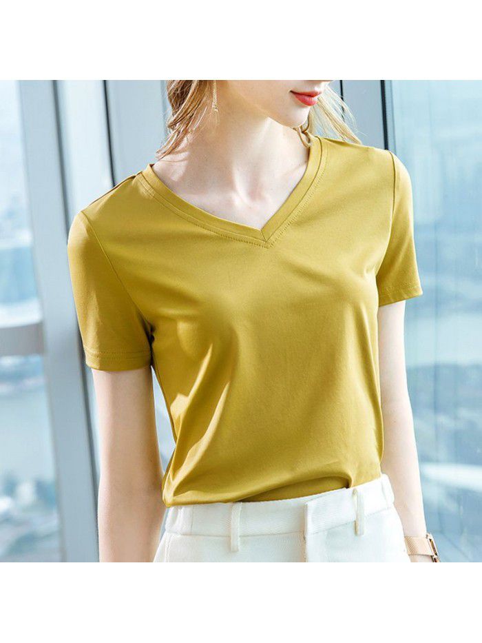 Ice feeling mercerized cotton short-sleeved t-shirt women's new style women's temperament v-neck pure cotton t-shirt pure color high-grade top 