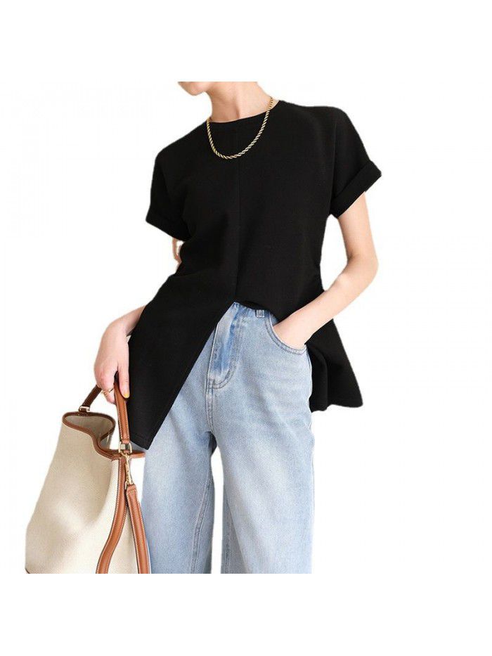 Split Shoulder T-shirt for Women's Summer New Style Waist Slim Fit and Slim Fit Short Sleeve Top 