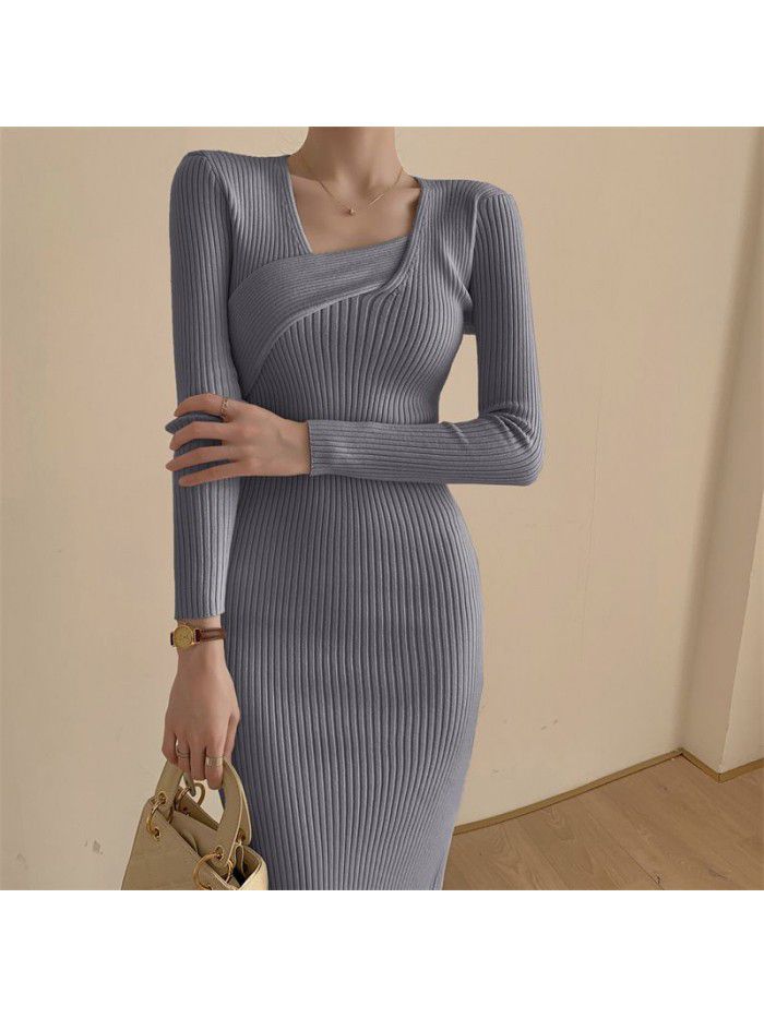 Autumn and Winter Cored Yarn Knitted Long Sleeve Dress V-neck Slim Fit Black Mid length Split Wrap Hip Skirt 