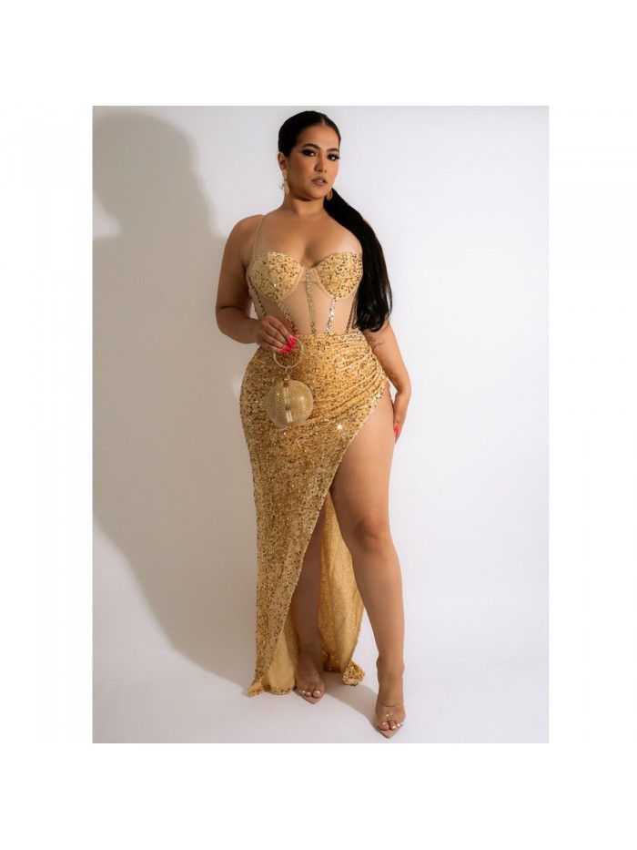 Pearl Mesh Sexy Sling V-Neck Split Long Dress Dress Women's Dress 