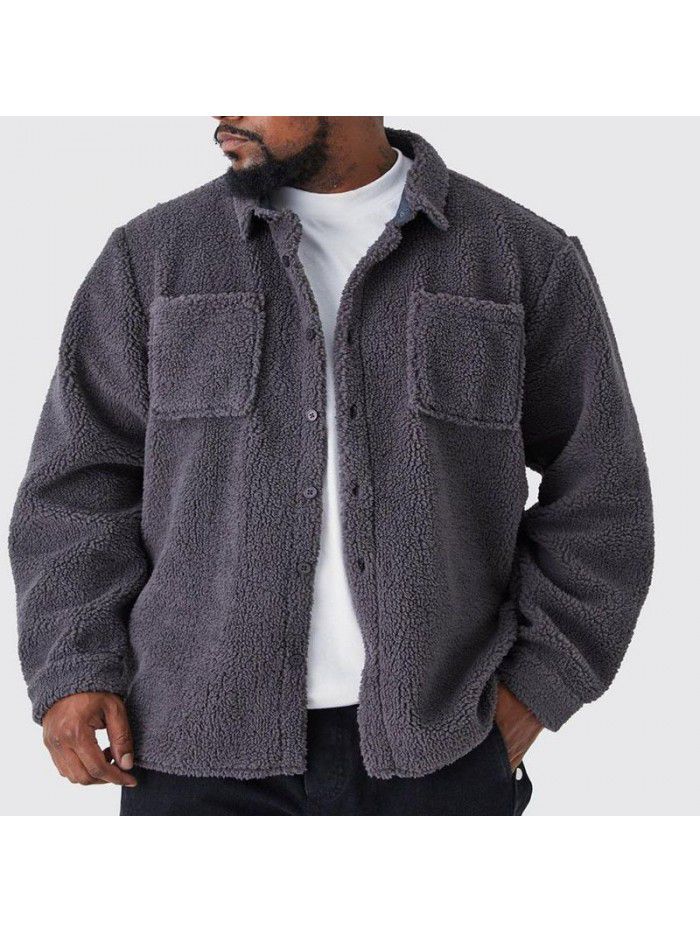 Autumn and winter loose button down lapel solid color cardigan jacket men's plush coat