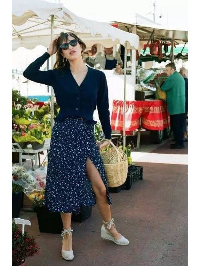 Summer New French Wrap Skirt Vintage Wind Wave Dot Printed Skirt Side Split Button Mid length Half Skirt 