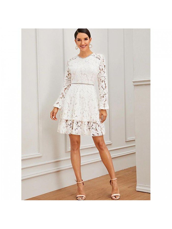 Dress Women's Lace Temperament Mid Waist Slim Fit Commuter White Patched Skirt Short Skirt