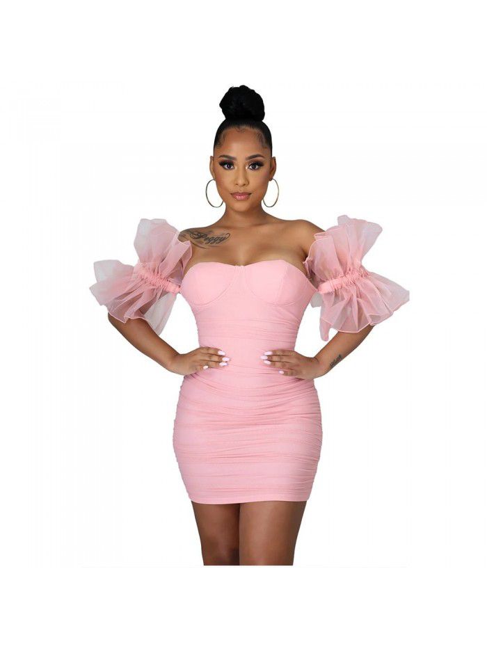 Mesh low cut bra wrap buttocks skirt Spicy girl style open back slim fitting elastic tight short skirt 