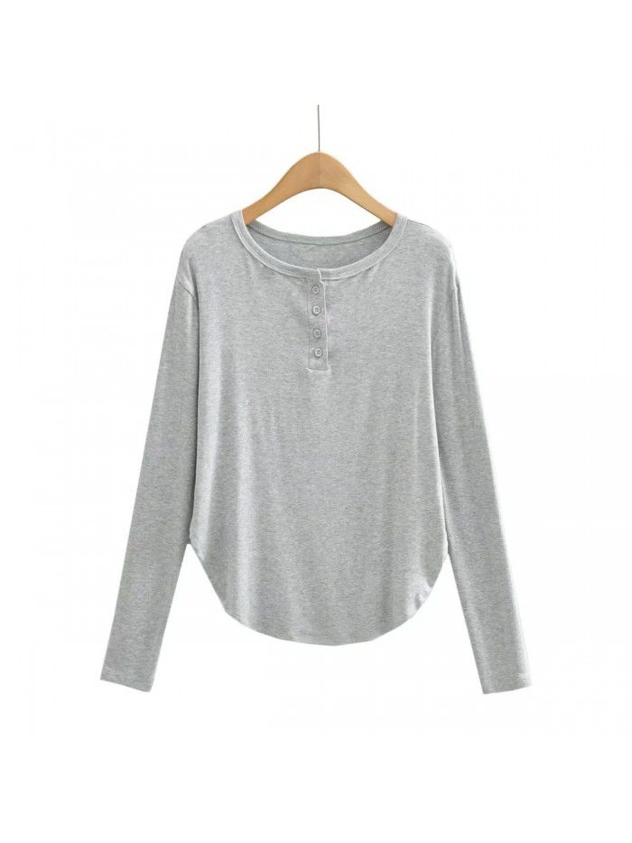 Spring and Summer New Women's Curved Bottom Access Control Three Button Round Neck Long Sleeve Loose Casual Long T-shirt Top 
