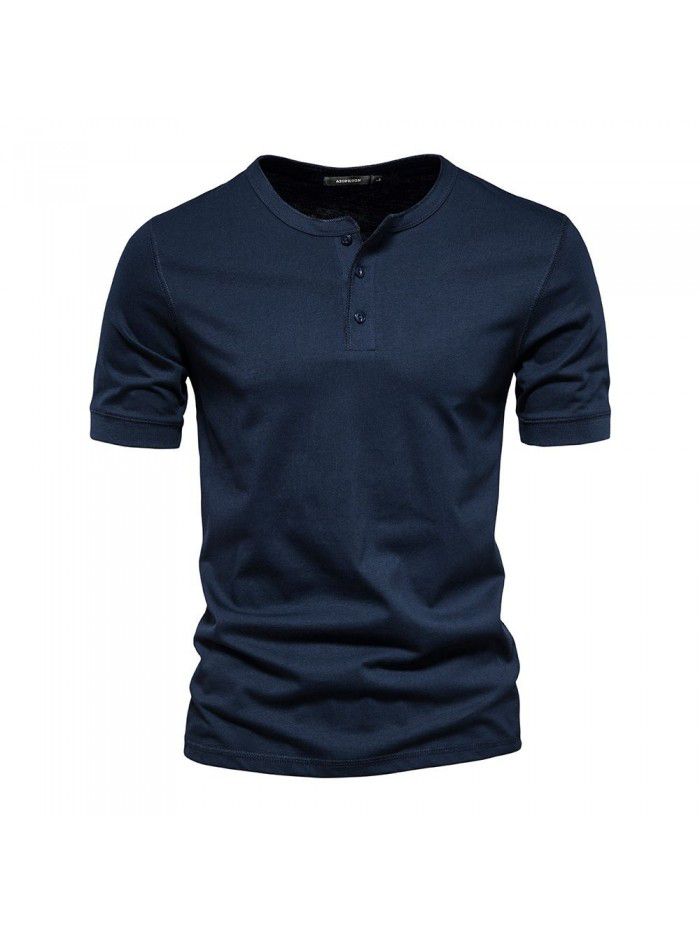 Clothes Men's T Henry Round Neck Short Sleeve T-shirt Heavyweight Men's Slim Fit Solid Color Sports Bottom Shirt 