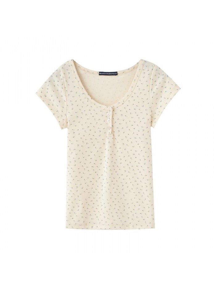 New Little Fresh Fragmented Flower Top Three Button Short Sleeve Round Neck T-shirt 