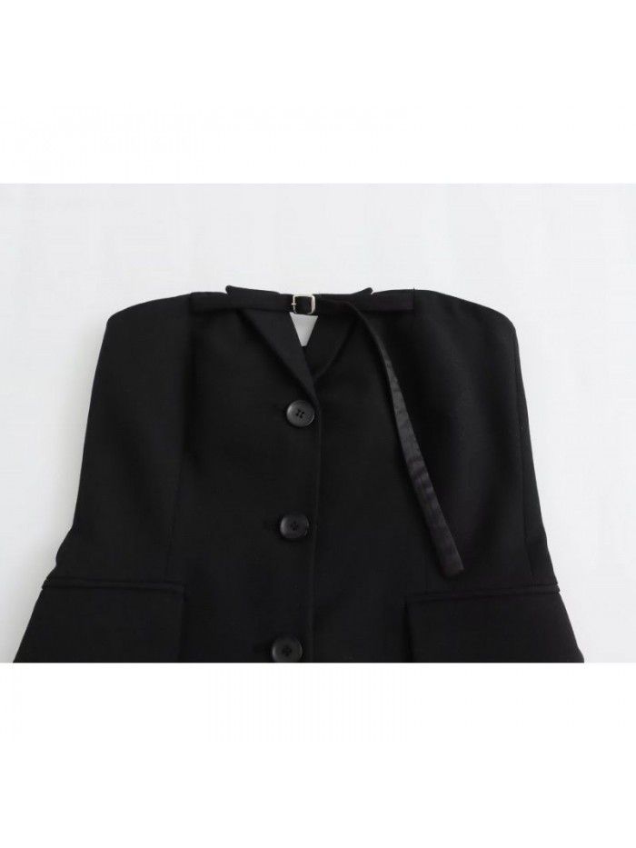 Autumn New Women's Versatile Solid Color One Line Neck Lace up Button Decoration Tight Chest Style Top 