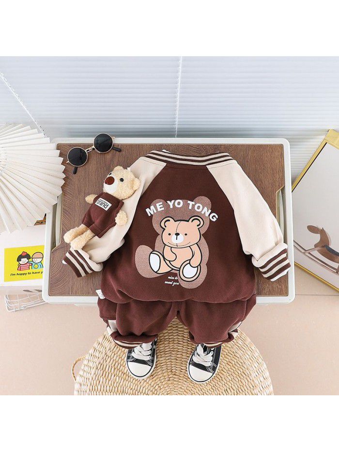 Autumn New Little Bear Baseball Suit Three Piece Cartoon Set 1-5 Year Old Boys' Long Sleeve Sports Set 