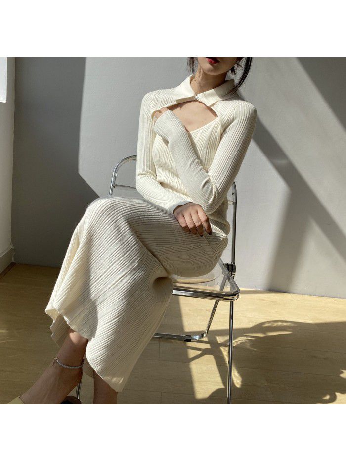 Slim Fake Two Piece Dress Women's Winter Celebrity Ladies Long Dress Temperament Slim Fit Skirt 