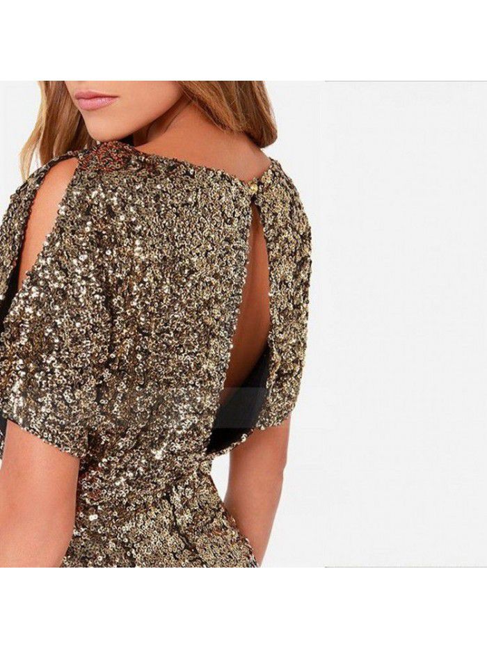Golden sequin slimming and slimming, revealing shoulder bag and buttocks dress, sexy nightclub split back dress, short skirt for women 