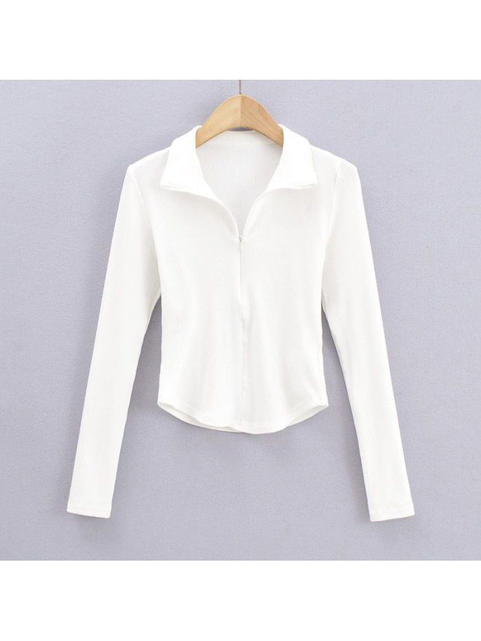Spring Korean basic slim fitting zipper lapel clean face long sleeved T-shirt top for women 