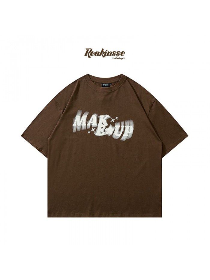 Loose spray halo dye letter print men's trendy couple short sleeved T-shirt 