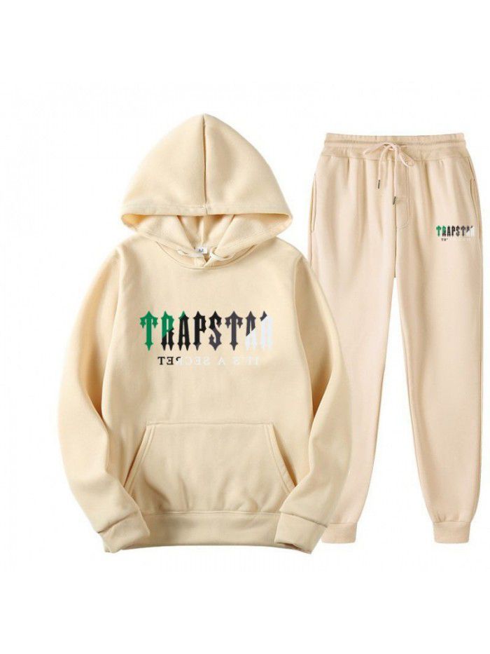 New men's hoodie set for spring, autumn, and winter, plush sweater, casual sports two-piece set 