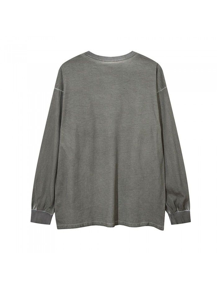 Dark black long sleeved T-shirt for men's old and dirty pure cotton round neck loose fitting top, spring and autumn high street trend 