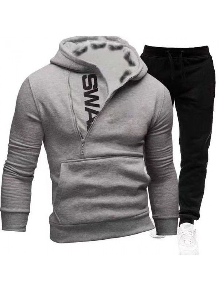 New Men's Hooded Oblique Zipper Print Pullover Two Piece Sweater Pants Outer Set 