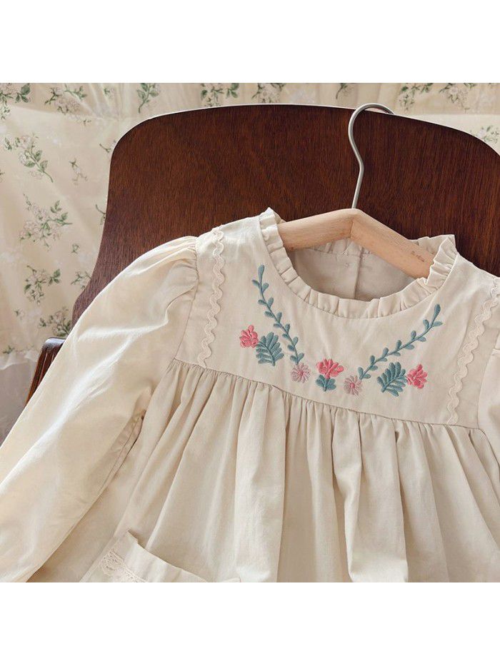 Retro Embroidered Girls' Dress Autumn Long Sleeve French Cotton Girls' Dress Fashionable 