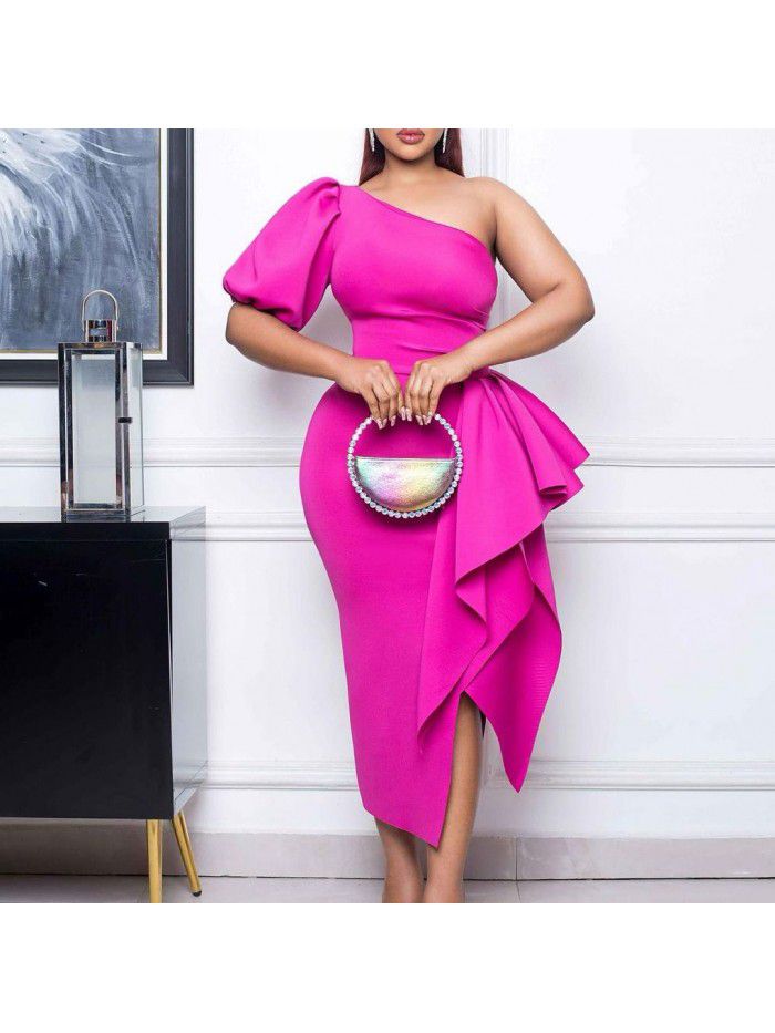 Oblique Neck Split Ruffle Edge Dress Sexy Dress