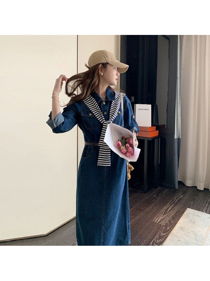 Small crowd design feeling shawl tea break French denim dress New popular long skirt for women's spring wear 