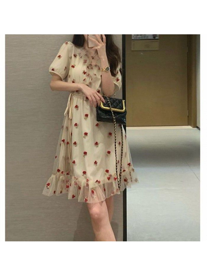 French Tea Break Girl Little Flower Dress V-neck Bubble Sleeve Mesh Dress Children's Summer New Style 