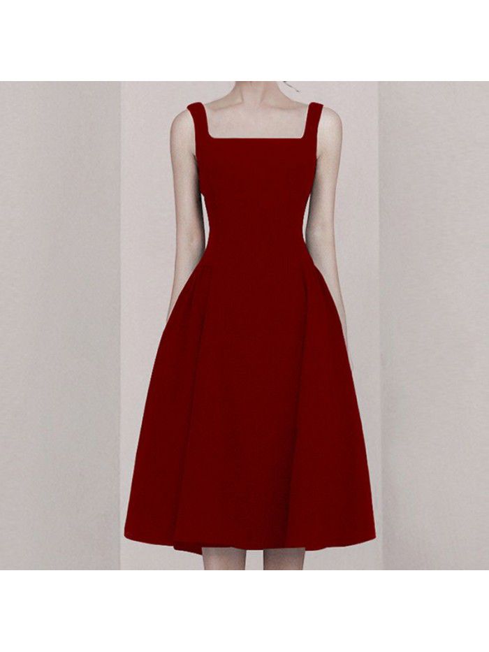 Minimalist suspender dress, French daily outfit, waist up and slimming dress 