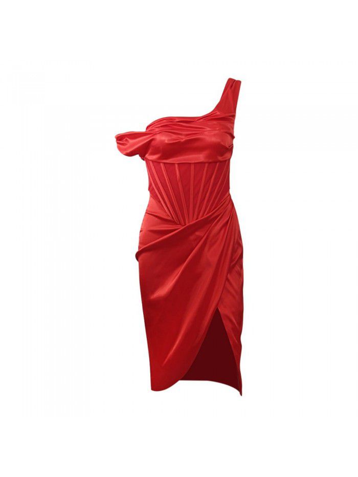 Women's diagonal shoulder fishbone pleated backless tight split panel sexy temperament dress 
