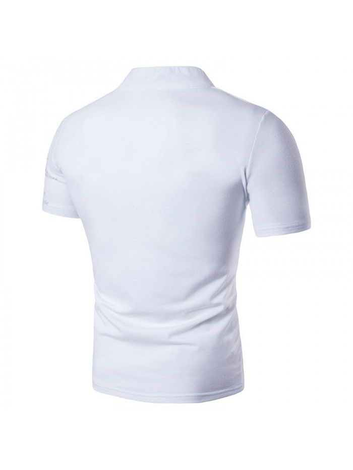 New men's European and American style printed Henry standing neck short sleeve large T-shirt 